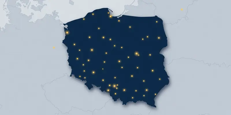 Schematyczna mapa Polski z siecią placówek KDF — ilustracja, nie dokładne adresy oddziałów