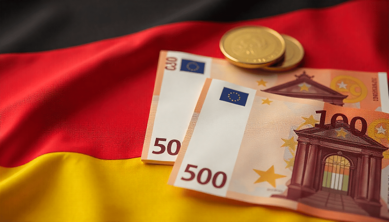 Flaga Niemiec połączona z banknotami euro, symbol zwrotu podatku z pracy w Niemczech