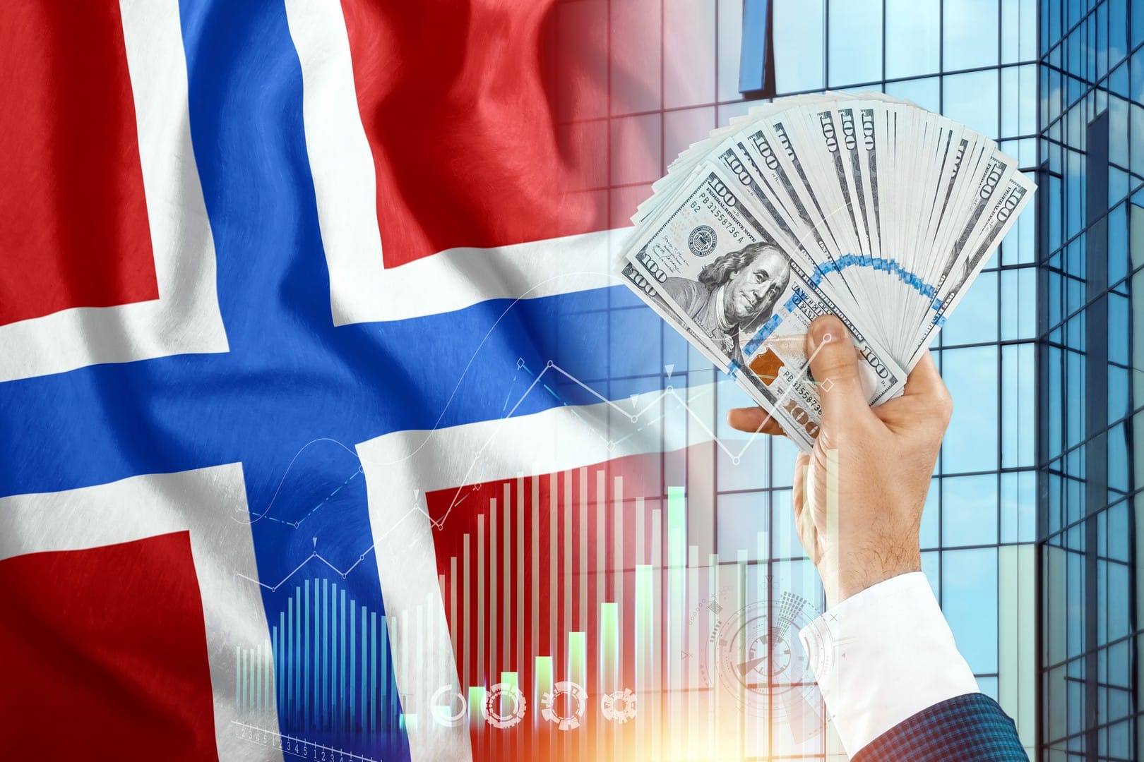 Fotografia reklamująca usługi firmy KDF-Podatki w zakresie rozliczania podatków z Norwegii. Na zdjęciu widać flagę Norwegii. Obok znajdują się trzy zielone słupki zysku wznoszące się do góry. Na pierwszym planie widać dłoń trzymającą banknoty koron norweskich. Grafika ma zachęcić do skorzystania z usług firmy w celu uzyskania zwrotu podatku z Norwegii i w efekcie zysku finansowego, co symbolizują elementy zdjęcia.