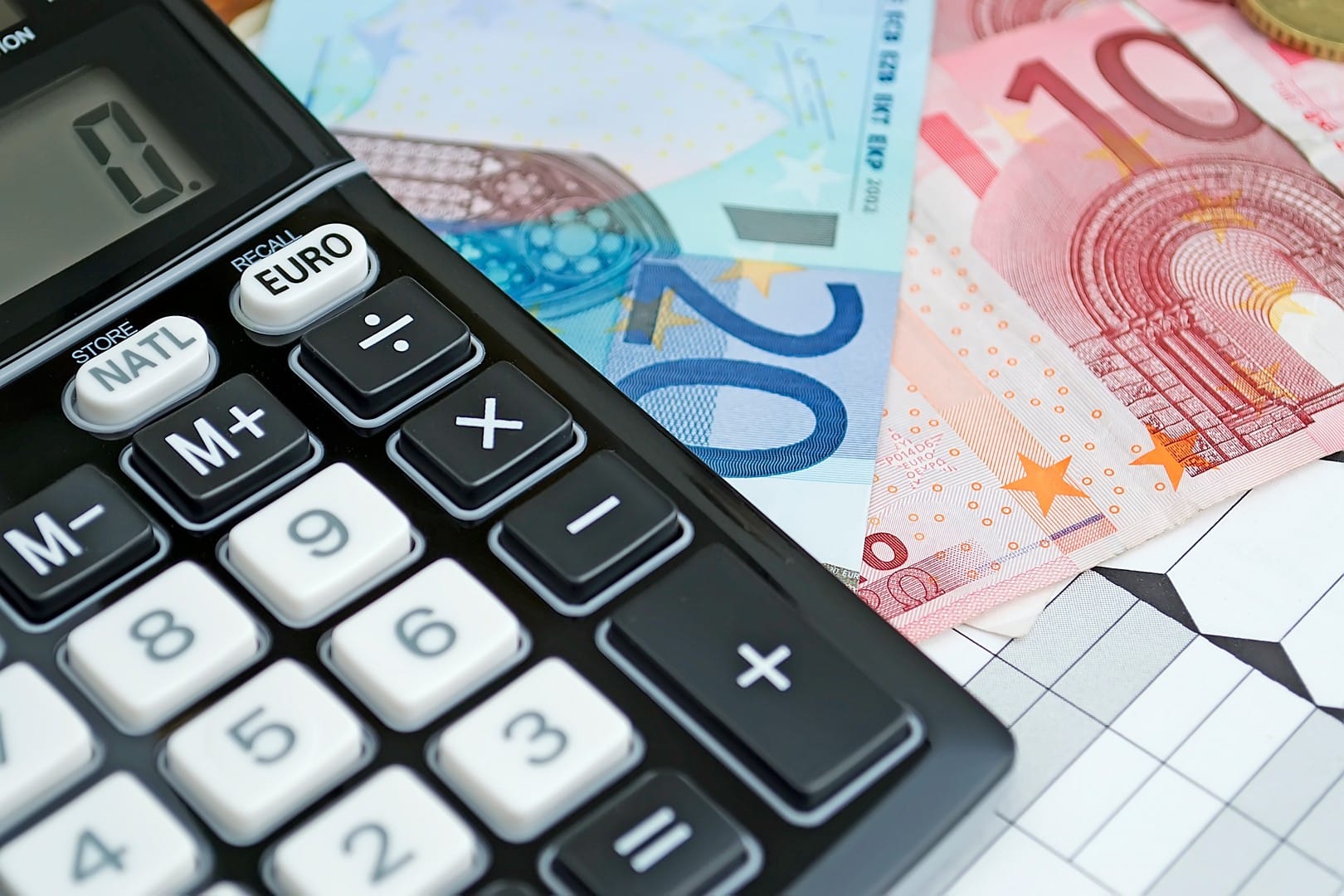 Zdjęcie promujące usługę złożenia zeznania podatkowego z Czech za 2022 rok, oferowaną przez firmę KDF-Podatki. Przedstawia ono kalkulator biurowy w kolorze czarnym, leżący na tle banknotów euro o nominale 10 i 20 euro.