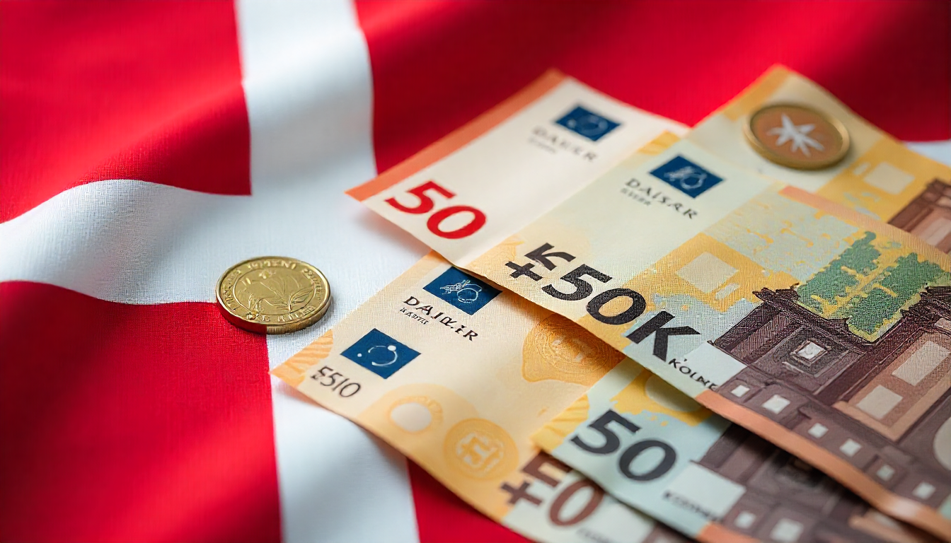 Fotorealistyczne zdjęcie flagi Danii z czerwonym tłem i białym krzyżem, częściowo pokrytej duńskimi banknotami i monetami (DKK), symbolizujące zwrot podatku, elegancka profesjonalna kompozycja na neutralnym tle.