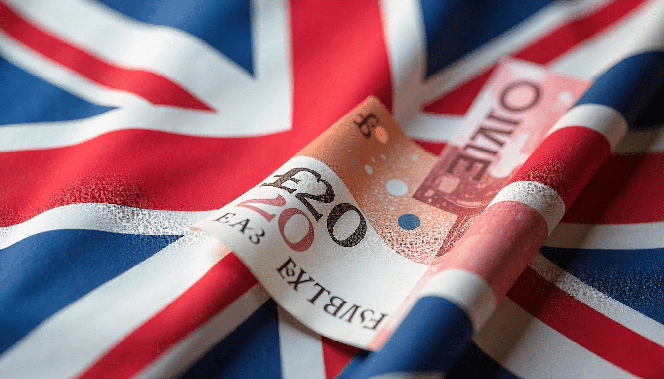 Flaga Wielkiej Brytanii połączona z banknotami funtów szterlingów, symbol zwrotu podatku z pracy w Wielkiej Brytanii
